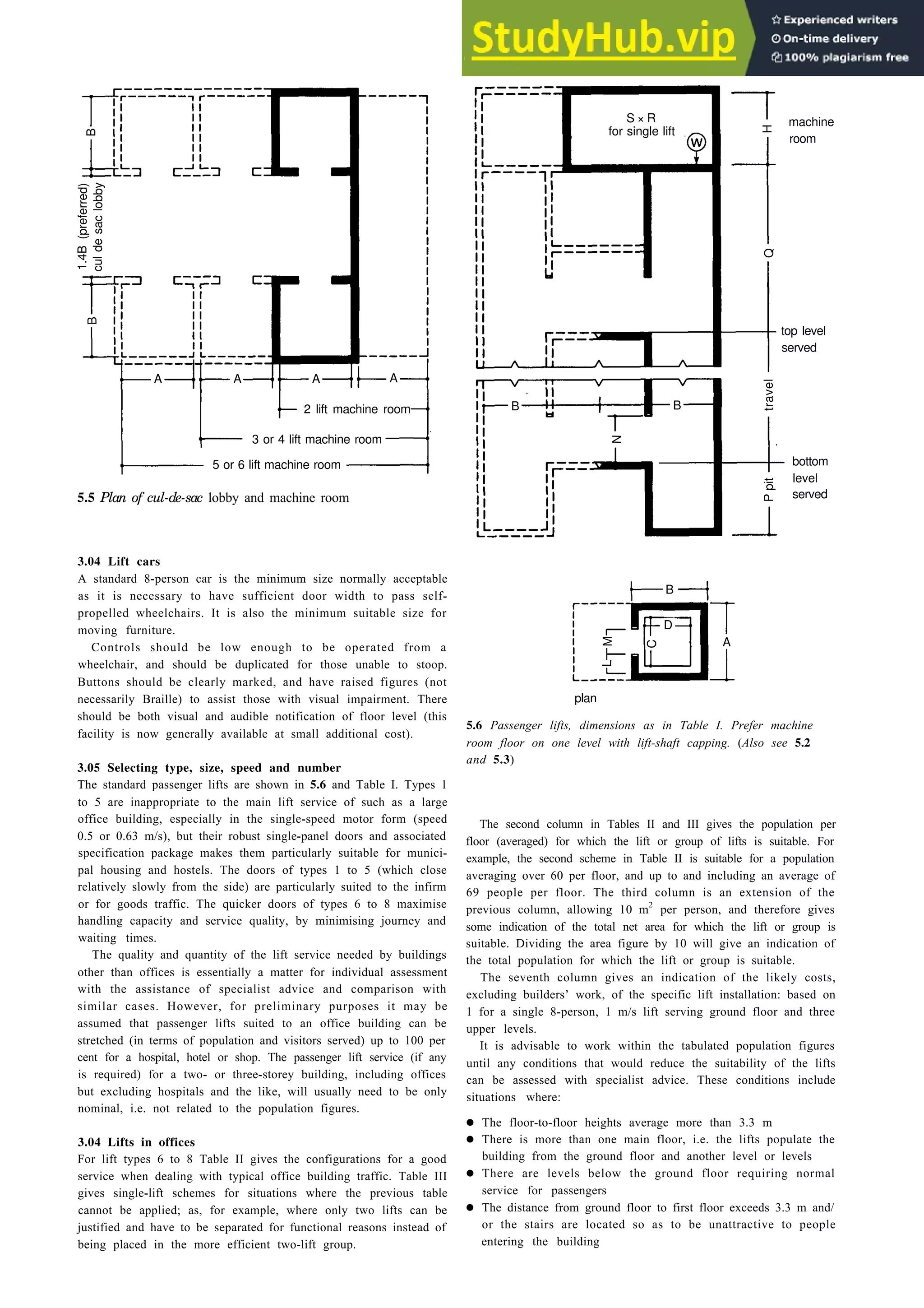 Aids to pedestrian movement 5-3
B
1.4B
(preferred)
cul
de
sac
lobby
travel
2 lift machine room
3 or 4 lift machine room
5 or 6 lift machine room
5.5 Plan of cul-de-sac lobby and machine room
3.04 Lift cars
A standard 8-person car is the minimum size normally acceptable
as it is necessary to have sufficient door width to pass self-
propelled wheelchairs. It is also the minimum suitable size for
moving furniture.
B
D
Controls should be low enough to be operated from a
wheelchair, and should be duplicated for those unable to stoop.
Buttons should be clearly marked, and have raised figures (not
necessarily Braille) to assist those with visual impairment. There
should be both visual and audible notification of floor level (this
facility is now generally available at small additional cost).
A
plan
3.05 Selecting type, size, speed and number
The standard passenger lifts are shown in 5.6 and Table I. Types 1
to 5 are inappropriate to the main lift service of such as a large
office building, especially in the single-speed motor form (speed
0.5 or 0.63 m/s), but their robust single-panel doors and associated
specification package makes them particularly suitable for munici-
pal housing and hostels. The doors of types 1 to 5 (which close
relatively slowly from the side) are particularly suited to the infirm
or for goods traffic. The quicker doors of types 6 to 8 maximise
handling capacity and service quality, by minimising journey and
waiting times.
The quality and quantity of the lift service needed by buildings
other than offices is essentially a matter for individual assessment
with the assistance of specialist advice and comparison with
similar cases. However, for preliminary purposes it may be
assumed that passenger lifts suited to an office building can be
stretched (in terms of population and visitors served) up to 100 per
cent for a hospital, hotel or shop. The passenger lift service (if any
is required) for a two- or three-storey building, including offices
but excluding hospitals and the like, will usually need to be only
nominal, i.e. not related to the population figures.
3.04 Lifts in offices
For lift types 6 to 8 Table II gives the configurations for a good
service when dealing with typical office building traffic. Table III
gives single-lift schemes for situations where the previous table
cannot be applied; as, for example, where only two lifts can be
justified and have to be separated for functional reasons instead of
being placed in the more efficient two-lift group.
S × R
for single lift
machine
room
top level
served
bottom
level
served
5.6 Passenger lifts, dimensions as in Table I. Prefer machine
room floor on one level with lift-shaft capping. (Also see 5.2
and 5.3)
The second column in Tables II and III gives the population per
floor (averaged) for which the lift or group of lifts is suitable. For
example, the second scheme in Table II is suitable for a population
averaging over 60 per floor, and up to and including an average of
69 people per floor. The third column is an extension of the
previous column, allowing 10 m2
per person, and therefore gives
some indication of the total net area for which the lift or group is
suitable. Dividing the area figure by 10 will give an indication of
the total population for which the lift or group is suitable.
The seventh column gives an indication of the likely costs,
excluding builders’ work, of the specific lift installation: based on
1 for a single 8-person, 1 m/s lift serving ground floor and three
upper levels.
It is advisable to work within the tabulated population figures
until any conditions that would reduce the suitability of the lifts
can be assessed with specialist advice. These conditions include
situations where:
• The floor-to-floor heights average more than 3.3 m
• There is more than one main floor, i.e. the lifts populate the
building from the ground floor and another level or levels
• There are levels below the ground floor requiring normal
service for passengers
• The distance from ground floor to first floor exceeds 3.3 m and/
or the stairs are located so as to be unattractive to people
entering the building
B
A A A A
H
Q
B B
N
P
pit
M
C
L
 