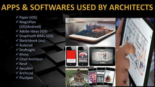  Paper (iOS)
 MagicPlan
(iOS/Android)
 Adobe Ideas (iOS)
 Graphisoft BIMx (iOS)
 Sketchbook (ios)
 Autocad
 Draftsight
 Rhino
 Chief Architect
 Revit
 AecoSim
 Archicad
 PlusSpec
 