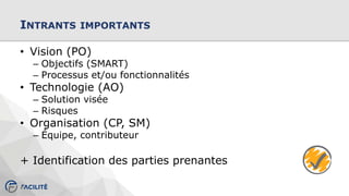 INTRANTS IMPORTANTS
• Vision (PO)
– Objectifs (SMART)
– Processus et/ou fonctionnalités
• Technologie (AO)
– Solution visée
– Risques
• Organisation (CP, SM)
– Équipe, contributeur
+ Identification des parties prenantes
 