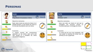 Objectifs et motivations
Frustrations
Objectifs et motivations
Frustrations
PERSONAS
Ryder
10 ans
Propriétaire de plusieurs chiens
Katie
13 ans
Dresseur canin
Ryder adore toutes les sortes de chiens et en
possède plusieurs. Il fait dresser ses chiens et
ne veut pas de problème avec ses voisins.
Il entend souvent des commentaires
péjoratifs sur ses chiens, alors qu’ils sont
bien dressés et il considère ses chiens
aucunement dangereux.
Katie veut aider ses clients et veut que sa
compagnie soit reconnue comme un
incontournable pour le dressage de chiens.
Il n’aime pas les trucs trop compliqués, elle
veut passer le maximum de temps avec les
animaux et non la paperasse.
* ®Nickelodeon
* *
* *
 