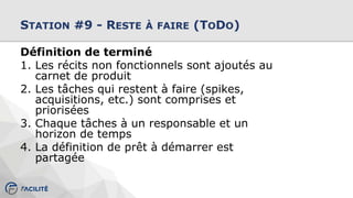 STATION #9 - RESTE À FAIRE (TODO)
Définition de terminé
1. Les récits non fonctionnels sont ajoutés au
carnet de produit
2. Les tâches qui restent à faire (spikes,
acquisitions, etc.) sont comprises et
priorisées
3. Chaque tâches à un responsable et un
horizon de temps
4. La définition de prêt à démarrer est
partagée
 