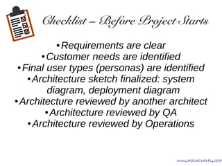 Checklist – Before Project Starts
● Requirements are clear
● Customer needs are identified
● Final user types (personas) a...