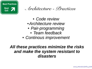 Architecture - Practices
www.mozaicworks.com
● Code review
● Architecture review
● Pair-programming
● Team feedback
● Cont...