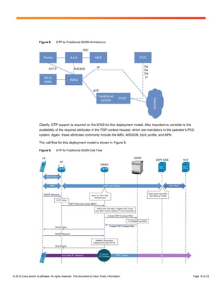 Figure 8.      GTP-to-Traditional GGSN Architecture




                        Clearly, GTP support is required on the WAG for this deployment model. Also important to consider is the
                        availability of the required attributes in the PDP context request, which are mandatory in the operator’s PCC
                        system. Again, these attributes commonly include the IMSI, MSISDN, QoS profile, and APN.

                        The call flow for this deployment model is shown in Figure 9.

                        Figure 9.      GTP-to-Traditional GGSN Call Flow




© 2012 Cisco and/or its affiliates. All rights reserved. This document is Cisco Public Information.                                 Page 10 of 23
 