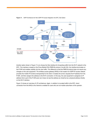 Figure 11.     3GPP Architecture for Non-3GPP IP Access Integration into EPC, S2a Option




                        Another option shown in Figure 11 is to choose the S2a interface for forwarding traffic from the Wi-Fi network to the
                        EPC. This interface is based on the Proxy Mobile IPv6 (PMIPv6) protocol. As with S2c, the interface terminates on
                        the P-GW and enables visibility into the user traffic. The difference is that the PMIPv6 protocol does not require any
                        changes on the user equipment. The wireless access gateway (WAG) in the trusted non-3GPP IP access network
                        provides the mobile IP functions transparently for the client. It creates the tunnel, requests the IP address from the
                        P-GW, and then assigns this address to the Wi-Fi connection. In this way, the user equipment is assigned an IP
                        address that is part of the P-GW pool, but it does not see the address as virtual but as a physical address directly
                        on the Wi-Fi interface.

                        Figure 12 shows an overview of LTE architecture. Again, in addition to tunneled traffic to the EPC, direct
                        connection from the WAG to the Internet is enabled for users who are not mobile subscribers of the operator.




© 2012 Cisco and/or its affiliates. All rights reserved. This document is Cisco Public Information.                                   Page 13 of 23
 