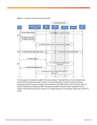 Figure 13.     S2c Network Attachment As Defined by 3GPP




                        The S2a approach eliminates the problem of the client software. The trade-off here is that the operator loses
                        control of Wi-Fi activation and session handover on the user equipment. This loss of control may result in
                        unexpected behavior of the user equipment during switchover from 3GPP access to Wi-Fi and back. Figure 14
                        shows the attachment as defined by 3GPP. The trusted non-3GPP IP access network represents the Wi-Fi
                        network, with the WAG as part of this network. For a detailed description of the call flow, please refer to 3GPP TS
                        23.402.




© 2012 Cisco and/or its affiliates. All rights reserved. This document is Cisco Public Information.                                  Page 15 of 23
 