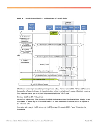 Figure 16.     Call Flow for Handover from LTE Access Network to Wi-Fi Access Network




                        Client-based handover provides a transparent experience, without the need to reestablish TCP and UDP sessions,
                        because the software client masks all physical interfaces behind the virtual network adapter. All sockets are set up
                        from this virtual adapter and do not need to be reestablished by the TCP/IP stack.

                        Options for 3G-to-Wi-Fi Handover
                        Although not standardized, three commonly considered designs can be used to provide handover between 3G and
                        Wi-Fi RANs. All of them rely on the existence of the P-GW in the network and so indirectly require an upgrade of
                        the network to EPC.

                        One option is to integrate the 3G network into the EPC using an S4-capable SGSN. Figure 17 illustrates the
                        architecture.




© 2012 Cisco and/or its affiliates. All rights reserved. This document is Cisco Public Information.                                 Page 20 of 23
 