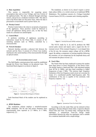 A. Data Acquisition
This section is responsible for acquiring power
consumption data such as Line Voltage, and Line Current of
the appliance/nodes. The data is obtained through metrology
sensors, and given to a moderate resolution ADC. This data is
sent to the Power Hub over the power lines, where the data is
processed to reveal details such as power factor, etc.

The modulator, as shown in [1], doesn’t require a carrier
input, phase shifter, or a switch circuit as in traditional BPSK
Modulators. The modulator consists of a Voltage Controlled
Current Source (VCCS), a resonator and a limiting amplifier.

B. Priority Control
Priority Control allows the client to set priority of operation
of the appliances. These priorities would be followed to
switch off appliances during power cuts, so that the basic
needs of a consumer are uninterrupted.
C. Control Block
It performs switching of appliances according to
instructions issued by the Power Hub. It consists of AC
switching elements such as TRIAC, controlled by a
microcontroller.
D. Network Interface
Network Interface provides a physical link between the
network and the Slave. It consists of a Power Line modem,
interfaced to the serial interface of the microcontroller through
an optical isolator.
IV. SYSTEM IMPLEMENTATION
The Half-Duplex communication link would be established
through the Power Line Modem on the physical layer. The
functional block diagram is as shown in figure 4.

Figure 5. Switched Resonator BPSK modulator [1]

The VCCS, made by A, Q, and R, produces the NRZ
current pulse stream and injects such a signal into the LC
resonant circuit. If the resonant frequency f, is an integral time
of the bit rate, the resonator output voltage will be a BPSK
signal. By adding a comparator or limiting amplifier following
the resonator, we can compensate for the amplitude decay and
still maintain the phase reversal. [1]
B. Notch Filter
The Notch Filter has been employed to protect the modem
from large power at lower frequencies, in the Power Lines.
The design requires a band-stop filter, with stop-band ranging
from 40 Hz to 300Hz, and pass band extending to higher
frequencies of upto 2 MHz. “The intrinsic high- frequency
limitations of the low-frequency notch circuit are overcome by
means of a coordinated parallel high-frequency path. The
combination of the two is capable of the extremely wide
frequency response.” [2]

Figure 4. Functional Block Diagram of Modem

Each functional block of the modem can be explained as
below.
A. BPSK Modulator
The modulation scheme employs a switched-resonator
BPSK modulator. The bit rate and carrier frequency have
experimentally been reported as 2.5 Mbit/s, at 5 MHz,
respectively. [1]

Figure 6. Symmetrical Twin-Tee Notch Filter

According to [2], the notch filter can be realized in three
topologies, Resistive-Branch Notch Filter, Capacitive-Branch
Notch Filter and Twin- Tee Notch Filter. Amongst the three
topologies, a symmetrical Twin-Tee design stands
intermediate between the other two topologies, and is suitable
for a moderate bandwidth with a simple design.

 