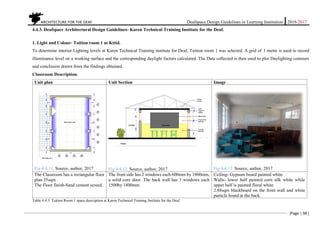ARCHITECTURE FOR THE DEAF Deafspace Design Guidelines in Learning Institution 2016/2017
[Page | 98 ]
4.4.3. Deafspace Architectural Design Guidelines- Karen Technical Training Institute for the Deaf.
1. Light and Colour- Tuition room 1 at Kttid.
To determine interior Lighting levels at Karen Technical Training institute for Deaf, Tuition room 1 was selected. A grid of 1 metre is used to record
illuminance level on a working surface and the corresponding daylight factors calculated. The Data collected is then used to plot Daylighting contours
and conclusion drawn from the findings obtained.
Classroom Description.
Unit plan Unit Section Image
Fig 4.4.11. Source, author, 2017 Fig 4.4.12. Source, author, 2017 Fig 4.4.13. Source, author, 2017
The Classroom has a rectangular floor
plan 35sqm
The Floor finish-Sand cement screed.
The front side has 2 windows each 600mm by 1800mm,
a solid core door. The back wall has 3 windows each
1500by 1800mm
Ceiling- Gypsum board painted white
Walls- lower half painted corn silk white while
upper half is painted floral white
2.88sqm blackboard on the front wall and white
particle board at the back.
Table 4.4.3. Tuition Room 1 space description at Karen Technical Training Institute for the Deaf.
 