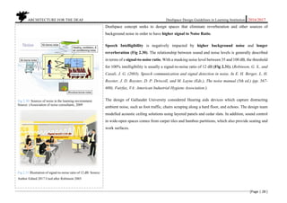ARCHITECTURE FOR THE DEAF Deafspace Design Guidelines in Learning Institution 2016/2017
[Page | 28 ]
Deafspace concept seeks to design spaces that eliminate reverberation and other sources of
background noise in order to have higher signal to Noise Ratio.
Speech Intelligibility is negatively impacted by higher background noise and longer
reverberation (Fig 2.30). The relationship between sound and noise levels is generally described
in terms of a signal-to-noise ratio. With a masking noise level between 35 and 100 dB, the threshold
for 100% intelligibility is usually a signal-to-noise ratio of 12 dB (Fig 2.31). (Robinson, G. S., and
Casali, J. G. (2003). Speech communication and signal detection in noise. In E. H. Berger, L. H.
Royster, J. D. Royster, D. P. Driscoll, and M. Layne (Eds.), The noise manual (5th ed.) (pp. 567-
600). Fairfax, VA: American Industrial Hygiene Association.)
The design of Gallaudet University considered Hearing aids devices which capture distracting
ambient noise, such as foot traffic, chairs scraping along a hard floor, and echoes. The design team
modelled acoustic ceiling solutions using layered panels and cedar slats. In addition, sound control
in wide-open spaces comes from carpet tiles and bamboo partitions, which also provide seating and
work surfaces.
Fig 2.30: Sources of noise in the learning environment
Source: (Association of noise consultants, 2009
Fig 2.31 Illustration of signal-to-noise ratio of 12 dB. Source:
Author Edited 2017.Used after Robinson 2003
 