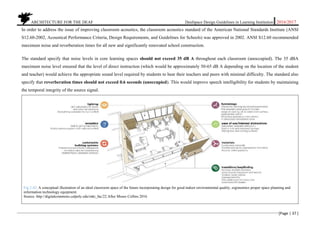 ARCHITECTURE FOR THE DEAF Deafspace Design Guidelines in Learning Institution 2016/2017
[Page | 37 ]
In order to address the issue of improving classroom acoustics, the classroom acoustics standard of the American National Standards Institute (ANSI
S12.60-2002, Acoustical Performance Criteria, Design Requirements, and Guidelines for Schools) was approved in 2002. ANSI S12.60 recommended
maximum noise and reverberation times for all new and significantly renovated school construction.
The standard specify that noise levels in core learning spaces should not exceed 35 dB A throughout each classroom (unoccupied). The 35 dBA
maximum noise level ensured that the level of direct instruction (which would be approximately 50-65 dB A depending on the location of the student
and teacher) would achieve the appropriate sound level required by students to hear their teachers and peers with minimal difficulty. The standard also
specify that reverberation times should not exceed 0.6 seconds (unoccupied). This would improve speech intelligibility for students by maintaining
the temporal integrity of the source signal.
Fig 2.42: A conceptual illustration of an ideal classroom space of the future incorporating design for good indoor environmental quality, ergonomics proper space planning and
information technology equipment.
Source: http://digitalcommons.calpoly.edu/mkt_fac/22.After Moses Collins 2016
 