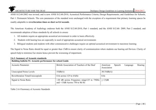 ARCHITECTURE FOR THE DEAF Deafspace Design Guidelines in Learning Institution 2016/2017
[Page | 38 ]
ANSI S12.60-2002 was revised, and is now ANSI S12.60-2010, Acoustical Performance Criteria, Design Requirements, and Guidelines for Schools,
Part 1: Permanent Schools. The core parameters of the standard were unchanged with the exception of a requirement that primary learning spaces be
readily adaptable to reverberation times as short as 0.4 seconds.
The American Academy of Audiology endorses both the ANSI S12.60-2010, Part 1 standard, and the ANSI S12.60- 2009, Part 2 standard, and
recommends adoption of these standards by all schools to ensure
1. All students require an appropriate acoustical environment in order to learn effectively.
2. Students with hearing loss are especially in need of appropriate acoustical environments
3. Bilingual students and students with other communicative challenges require an optimal acoustical environment to maximize learning.
The Signal to Noise Ratio should be equal or greater than 15dB to ensure clarity of communication where students use hearing aid Devices. Clarity of
speech help to minimise Ear strains hence prevent the worsening of impairment.
2.6.3. Summary of Acoustic standards
Building bulletin 93. Acoustic performance for school Guide
Acoustic Parameter British Association of Teachers of the Deaf American Speech Language Hearing
Association
Unoccupied Noise Levels 35dB(A) 30-35dB(A)
Reverberation Time(Unoccupied) 0.4s across 125 to 4 kHz 0.4s
Signal to Noise Ratio +20 dB across Frequency range125 to 750Hz
and +15dB Across 750 to 4k Hz
>+15dB
Table 2.6.4 Summary of Acoustic Standards
 