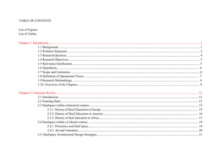 TABLE OF CONTENTS
List of Figures
List of Tables
Chapter 1: Introduction................................................................................................................................................................................................ 1
1.1 Background.................................................................................................................................................................................... 1
1.2 Problem Statement......................................................................................................................................................................... 2
1.3 Research Question.......................................................................................................................................................................... 4
1.4 Research Objectives....................................................................................................................................................................... 5
1.5 Relevance/Justification.................................................................................................................................................................. 5
1.6 Hypothesis..................................................................................................................................................................................... 6
1.7 Scope and Limitation..................................................................................................................................................................... 6
1.8 Definition of Operational Terms................................................................................................................................................... 7
1.9 Research Methodology.................................................................................................................................................................. 8
1.10. Overview of the Chapters........................................................................................................................................................... 9
Chapter 2: Literature Review..................................................................................................................................................................................... 11
2.1 Introduction.................................................................................................................................................................................. 11
2.2 Framing Deaf............................................................................................................................................................................... 12
2.3 Deafspace within a historical context........................................................................................................................................... 13
2.3.1. History of Deaf Education in Europe............................................................................................................................ 15
2.3.2. History of Deaf Education in America......................................................................................................................... 16
2.3.3. History of deaf education in Africa.............................................................................................................................. 17
2.4 Deafspace within a Cultural context. ........................................................................................................................................... 19
2.4.1. Proxemics and Deaf space............................................................................................................................................ 19
2.4.2. Art and Literature......................................................................................................................................................... 20
2.5. Deafspace Architectural Design Strategies................................................................................................................................. 21
 