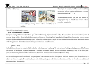 ARCHITECTURE FOR THE DEAF Deafspace Design Guidelines in Learning Institution 2016/2017
[Page | 55 ]
Lobbies and Staircases
Fig4.2.12 Image showing staircase and the Main lobby in the
Building
The lobby in the residential hall floor has banished blind
intersections in favour of glass walled corners to prevent
surprise encounters(Fig 4.2.12)
The staircase are designed wide with huge landings to
help people to step out of traffic and converse without
impending on each other.
Table 4.2.2. Unit plans at Gallaudet University
3.2.3 Deafspace Design Guidelines
Deafspace design guidelines were first drawn up at Gallaudet University, department of deaf studies. The concept won the international association of
universal design in 2016. (How Gallaudet University’s Architects Are Redefining Deaf Space Curbed) the guidelines have a close focus on human
cognition, emotion and the body mechanics in a space which gives a radical feeling in an age and time of grand architectural making as explained in each
of the Design element identified earlier as the Deafspace architectural design Guidelines.
1. Light and Colour
Gallaudet University uses the concept of Light and colour to facilitate visual wayfinding. The main university buildings in the department of Deaf studies
are designed for daylighting. The design is such that it eliminates all instances of direct sun light, Discomfort and disability glare. In the design stage,
glare and direct sun light were identified as main cause of eye strain and fatigue. (Architect Hansel Bauman, 2005).
Use of expansive glass allows convectional daylighting while at the same time increase sensory reach. However, expansive glass designs are likely to
admit a lot of direct sunlight. To avoid this, the university building is designed with wide covered corridors and deep revel windows as architectural
element to control direct sunlight.
 