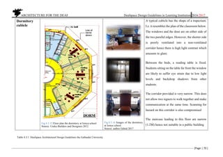 ARCHITECTURE FOR THE DEAF Deafspace Design Guidelines in Learning Institution 2016/2017
[Page | 70 ]
Dormitory
cubicle
Fig.4.3.15 Floor plan the dormitory at Isinya school.
Source: Useku Builders and Designers 2012
Fig.4.3.16 Images of the dormitory
at Isinya school.
Source: author Edited 2017
A typical cubicle has the shape of a trapezium.
I.e. it resembles the plan of the classroom below.
The windows and the door are on either side of
the two parallel edges. However, the shorter side
is poorly ventilated into a non-ventilated
corridor hence there is high light contrast which
amounts to glare.
Between the beds, a reading table is fixed.
Students sitting on the table far from the window
are likely to suffer eye strain due to low light
levels and backdrop shadows from other
students.
The corridor provided is very narrow. This does
not allow two signers to walk together and make
communication at the same time. Scanning for
hazard on this corridor is also compromised
The staircase leading to this floor are narrow
(1.2M) hence not suitable in a public building
Table 4.3.1. Deafspace Architectural Design Guidelines the Gallaudet University
 
