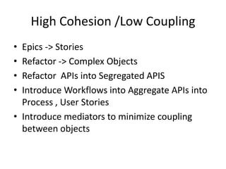 High Cohesion /Low Coupling
• Epics -> Stories
• Refactor -> Complex Objects
• Refactor APIs into Segregated APIS
• Introduce Workflows into Aggregate APIs into
Process , User Stories
• Introduce mediators to minimize coupling
between objects
 