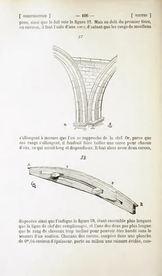 [ CONSTRUCTION]                   - 106-                    [ VOUTES  ]
pose,ainsi que le fait voir la figure 57. Maisau delà du premier tiers,
ou environ, il faut l'aide d'une ctr.:c,d'autant que les rangsde moellons

                                S7




                        H-




s'allongent à mesure que l'on se rapproche de la clef. Or, parce que
ces rangs s'allongent, il faudrait faire tailler une cerce pour chacun
d'eux, ce qui serait long et dispendieux. 11faut alors avoir deux cerces,

                                 SB




disposées
        ainsi quel'indique la figure 58, étantensembleplus longues
que la ligne de clef des remplissages,et l'une des deux pas plus longue
que le rang de claveaux trop incliné pour pouvoir être bandé sans le
secours d'un soutien. Chacunedes cerces, caupéesdans une planche
de Om,0-i
       environd'épaisseur,
                         porte au milieu unerainure évidée,con-
 