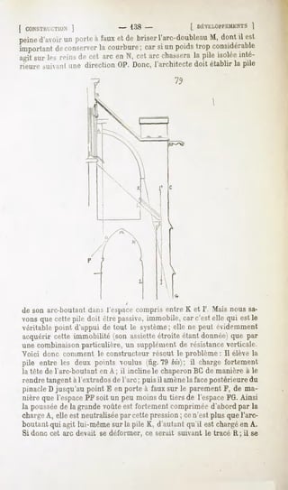 [ CONSTUUCT1US
         ]                     - 138-                [ DÉVKUJl'I'KMENTS
                                                                   1
peined'avoir porte faux de briser
           un     à    et         l'arc-doubleau dontil esl
                                                M,
important conserver courbure; siunpoids considérable
         de        la         car           trop
agitsurlesreins cet arcenN, cetarcchassera pile isolée
               de                          la        inté-
rieure siii:inl une direction OP. Donc, l'architecte doit établir la pile




de son arc-boutant dans 1espacecompris entre K et I'. Mais nous sa-
vons que cette pile doit être passive, immobile, car c'est elle qui est le
véritable point d'appui de tout le système; elle ne peut évidemment
acquérir cette immobilité (son assiette étroite étant donnée) que par
une combinaison particulière, un supplément de résistance verticale.
Voici donc comment le constructeur résout le problème : II élève la
pile entre les deux points voulus (fig. 79 bis) il charge fortement
la tête de l'arc-boutant en A ; il incline le chaperon BG de manière à le
rendre tangent à l'extrados de l'arc ; puis il amènela facepostérieure du
pinacle D jusqu'au point E en porte à faux sur le parement F, de ma-
nière que l'espacePFsoit un peu moins du tiers de l'espace FG. Ainsi
la poussée la grandevoûteest fortementcompriméed'abordpar la
          de
charge elle est neutralisée cettepression; cen'est plus quel'arc-
      A,                   par
boutant qui agit lui-mêmesur la pile K, d'autantqu'il est chargéen A.
Si donc cet arc devait se déformer, ce serait suivant le tracé R; il se
 