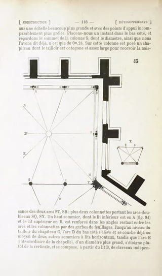 L CONSTRUCTION
         ]                        1'|S-             [ DÉVELOITKMKMS
                                                               J
sur une échellebeaucoupplus grande et avecdes points d'appui incom-
parablement prèles.
         plus     Plaçons-nous instantdansle bascôté,et
                             un
repardons!""MIHIUM-I la colonneS, dont le diamètre,ainsique nous
                  <lt-
l'avons dit déjà, n'est que de Om,:2i.
                                     Sur cette colonne est posé un cha-
piteau dont le tailloir est octogone assez
                                    et   largepour recevoirla nais-




   ar-- --TV
         W




sance deuxarcsST,SR; plusdeuxcolonnettes
     des                                       portant lesarcs-dou-
bleauxSQ,SY. Un haut sommier,dont le lit inférieur est en A (fig. 84)
et le lit supérieur en B, est renforcé dans les angles restant entre les
arcs et les colonnettes desgerbes feuillages.Jusqu'au
                      par            de                   niveaudu
tailloir du chapiteauG,l'arc D du bascôté s'élèveet secourbedéjà au
moyende deux autres sommiersà lits horizontaux,tandisque l'arc E
 intermédiaire la chapelle d'undiamètre grand,s'éloigne
              dr         .               plus              plu-
tôt delaverticale, secompose, partir du lit B,declaveaux
                 et          à                         indépen-
 