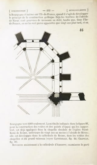 [ CONSTRUCTION
        ]                   - 152-               [ DÉVELOITI.MKXT
                                                            ]
laBourgognemême l'Il ^-de-France, il s'agit développer
            et     sur             quand     de
l.>|inriM|H' la construction
           de              gothique. lesfenêtres l'abside
                                  Déjà         de
de Rieuxsont pourvues meneaux délit, tandisque,dansl'Ile-
                     de         en
de-France, nelesvoit guère
         on               apparaître vingtansplustard,eten
                                   que




Bourgognevers 12GO
                 seulement.La méthodeindiquée dans la figure 87,
puiir la ('(instructiondesvoûteset des points d'appui qui les suppor-
tent, est déjà appliquée dans la chapelle absidale de l'église Saint-
Rémi de Reims, antérieure de vingt ans au moins à l'abside de Rieux ;
elle est développéedans la cathédrale de Reims, dans les voûtes des
chapelles du grand vaisseau
         et               (voyezCATHÉDRALE,14; CHAPELLE,
                                        fig.
fig. 36).
   Revenonsmaintenant à la cathédrale d'Auxerre; examinons le parti
 