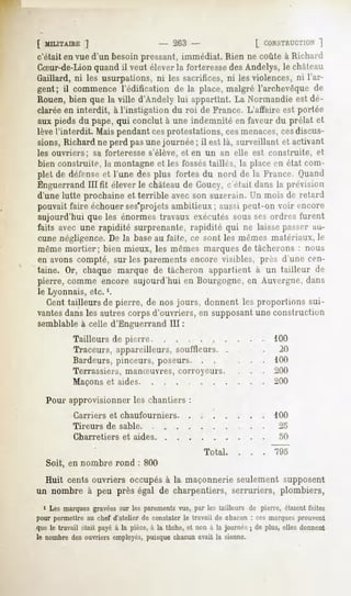 [ MILITAIRE   ]                    - 263 -               [ CONSTRUCTION   "J
 c'était en vue d'un besoin pressant, immédiat. Rien ne coûte à Richard
 CSur-de-Lion quand il veut élever la forteresse des Andelys, le château
 Gaillard, ni les usurpations, ni les sacrifices, ni les violences, ni l'ar-
 gent; il commence l'édification de la place, malgré l'archevêque de
 Rouen, bien que la ville d'Andely lui appartint. La Normandie est dé-
 clarée en interdit, à l'instigation du roi de France. L'aftaire est portée
 aux pieds du pape, qui conclut à une indemnité en faveur du prélat et
 lève l'interdit. Mais pendant cesprotestations, cesmenaces,cesdiscus-
 sions, Richard ne perd pas une journée ; il est là, surveillant et activant
 les ouvriers; sa forteresse s'élève, et en un an elle est construite,                 et
 bien construite, hi montagne et les fosséstaillés, la place en état com-
 plet de défenseet l'une des plus fortes du nord de la France. Quand
 Enguerrand III fit élever le châteaude Goucy, cVlail dans la prévision
 d'une lutte prochaine et terrible avec son suzerain, l'n mois de retard
 pouvait faire échouer ses'projets ambitieux ; aussi peut-on voir encore
 aujourd'hui que les énormes travaux exécutés sous ses ordres furent
 faits avec une rapidité surprenante, rapidité qui ne laisse passer au-
 cune négligence. De la base au faîte, ce sont les mêmes matériaux, le
même mortier; bien mieux, les mêmes marques de tâcherons : nous
en avons compté, sur les parements encore visibles, près d'une cen-
taine. Or, chaque marque de tâcheron appartient à un tailleur de
pierre, comme encore aujourd'hui en Bourgogne, en Auvergm-, dans
le Lyonnais, etc. '.
   Cent tailleurs de pierre, de nos jours, donnent les proportions sui-
vantesdans les autres corps d'ouvriers, en supposant une construction
semblableà celle d'Enguerrand III :
           Tailleurs de pierre                                              100
           Traceurs, appareilleurs, souffleurs. .                            20
           Bardeurs, pinceurs, poseurs. .         ...                       100
           Terrassiers, manSuvres, corroyeurs.                .     .   .   200
           Maçons et aides                                                  200

   Pour approvisionner les chantiers :
            Carriers      et chaufourniers                                  100
           Tireurs     de sable                                         ,   25
            Charretiers      et aides.                                       50

                                                    Total.    ...           795
   Soit, en nombre rond : 800

  Huit cents ouvriers occupés à la maçonnerie seulement supposent
un nombre à peu près égal de charpentiers, serruriers, plombiers,
  i Les marques gravées sur les parements vus, par les tailleurs de pierre, étaient faites
 pour permettreau chef d'atelier de constaterle travail de chacun: ces marquesprouvent
.que le travail était payéà la pièce,à la tache,et non à la journée; de plus, elles donnent
 le nombredesouvriers employés,    puisquechacunavait la sienne.
 