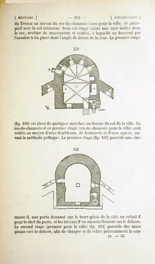 [ M1L1TA11R
          ]                        -2~>'.'>
                                       -                    [ CONSTRUCTION
                                                                        ]
du Trésau au niveau du rez-de-chaussée(cavepour la ville), de plaiu-
pied avec le sol extérieur. Sous cet étage existe une cave taillée dans
le roc, revêtue de maçonnerie et voûtée, à laquelle on descend par
l'escalier à vis placé dans l'angle de droite de la tour. Le premier étage

                                  150




(fig. 150)est élevéde quelques marches au-dessusdu sol de la ville. Ce
rez-de-chaussée cepremier étage (rez-de-chaussée
                 et                                 pour la ville) sont
voûtésau moyen d'arcs-do.ubleaux,df formerets et d'arcs ogives, sui-
vant la méthode gothique. Le premier étage (fig. 150)possèdeune che-

                                  151




minée G, une porte donnant sur le terre-plein de la cité, un réduit E
pour le chef du poste, et les latrines F en encorbellement sur le dehors.
Le second étage (premier pour la ville) (fig. loi) possède des murs
pleins vers le dehors, afin de charger et de relier puissamment la con-
                                                      iv.    -   35
 