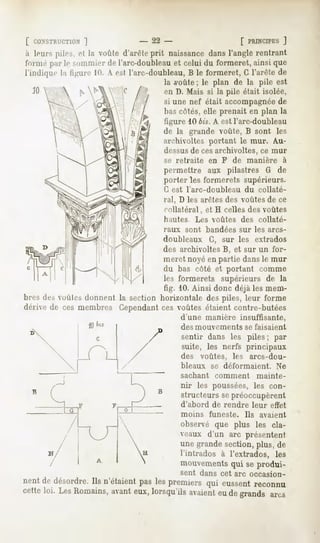 [ CONSTRUCTION]              - 22 -              [ PRINCIPES
                                                           ]
à leurspiles,et la voûted'arêteprit naissance l'anglerentrant
                                            dans
forint' par If >onimie de l'arc-doubleau celui du formeret,ainsi que
                     r                  et
l'indiquela ligurelu. A estl'arc-doubleau, le formeret, l'arêtede
                                        B             G
                                     la A-oûte; le plan de la pile est
 JO                                 en D, Mais si la pile était isolée,
                                     si une nef était accompagnéede
                                     bas côtés, elle prenait en plan la
                                     ligure 10 bis. A est l'arc-doubleau
                                     de la grande voûte, B sont les
                                     archivoltes portant le mur. Au-
                                     dessus de ces archivoltes, ce mur
                                     se retraite      en F      de manière         à
                                     permettre aux pilastres G de
                                     porter les formerets supérieurs.
                                     G est l'arc-doubleau          du collaté-
                                     ral, D les arêtes des voûtes de ce
                                     collatéral, et H celles des voûtes
                                     hautes     Les voûtes        des collaté-
                                     raux    sont     bandées    sur   les arcs-
                                     doubleaux G, sur les extrados
                                     des archivoltes B, et sur un for-
                                     meret noyé en partie dans le mur
                                     du bas côté et portant             comme
                                     les formerets supérieurs de la
                                     fig. 10. Ainsi donc déjà les mem-
bres des voùlf.s donnent la section horizontale       des piles, leur forme
dérive de ces membres Cependantces voûtes étaient contre-butées
                                            d'une manière         insuffisante,
                                            des mouvements         se faisaient
                                            sentir dans les piles ; par
                                            suite, les nerfs principaux
                                            des voûtes, les arcs-dou-
                                            bleaux     se déformaient.     Ne
                                            sachant     comment      mainte-
                                            nir les poussées, les con-
                                            structeurs se préoccupèrent
                                            d'abord de rendre leur effet
                                            moins funeste. Ils avaient
                                            observé que plus les cla-
                                            veaux d'un arc présentent
                                            une grande section, plus, de
                                            l'intrados à l'extrados, les
                                            mouvements qui se produi-
                                            sent dans cet arc occasion-
nentde désordre. n'étaientpaslespremiersqui eussent
                Ils                                reconnu
cetteloi. LesRomains,
                    avant
                        eux,lorsqu'ilsavaient degrandsarcs
                                            eu
 