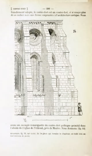 [ CONTRE-FORT  ]            - 296 -
franchement adopté, le contre-fort est un contre-fort, et n'essayeplus
de se radier sous une forme empruntée à l'architecture antique. Nous




                    G -.
                                                                  S*



avons exemple
    un      remarquable contre-fortgothiqueprimitif dans
                      du
l'abside l'église Véttieuil, deMantes. donnons 14)
       de       de       près       Nous     (fig.
MIÏN
   VTIQI-E, 1-2, siècle). Ici le glacis qui termine le chapiteau est taillé dans un
          fi£.  xne
seul morceau de pit-rre
 