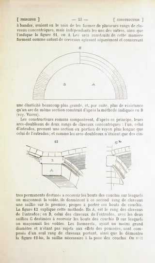 [ PRINCIPES ]                  - 23 -                [ CONSTRUCTION  ]
à bander, avaient eu le soin de |,-s former de plusieurs rangs de cla-
veauxconcentriques, mais indépendant les uns des autres, ainsi que
l'indique la figure 11, en A Les arcs construits de celle manière
forment comme autant de cerceaux agissant séparémentet conservant




une élasticité beaucoupplus grande, et, par Mille, plus de résistance
qu'un arc de même section construit d'après la méthode indiquée en B
(voy. VOUTE).
  Les constructeurs romans composèrent, d'après ce principe, leurs
arcs-doubleaux de deux rangs de claveaux concentriques : l'un, celui
d'intrados,prenant unesectionou portion de rayon plus longue que
celui de l'extrados; et comme les arcs-doubleaux n'étaient que des cin-
                       12




très permanents destinés a recevoir les bouts des couchis sur lesquels
on maçonnait la voûte, ils donnèrent à ce second rang de claveaux
une saillie sur le premier, propre à porter ces bouts de couchis.
La figure 12 explique cette méthode. En A, est le rang des claveaux
de l'intrados;   en B, celui des claveaux de l'extrados,   avec les deux
saillies G destinées à recevoir les bouts des couchis D sur lesquels
on maçonnait     les voûtes   Les formerets,   ayant un moins grand
diamètre et n'étant pas sujets aux effets des poussées,sont com-
posés d'un seul rang de claveaux portant, ainsi que le démontre
la figure 12 bis, la saillie nécessaire à la pose des couchis On vit
 