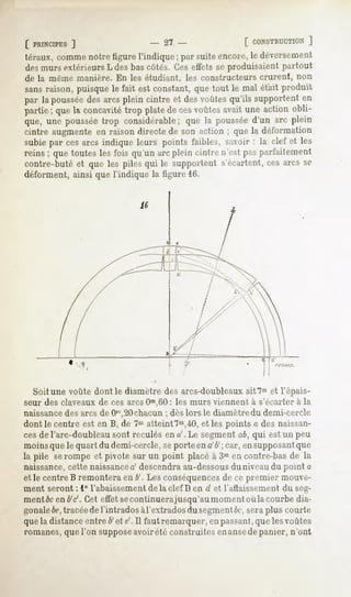 [ PRINCIPES
        ]                          - 27-                   [ CONSTRUCTION
                                                                    ]
lénmx, commenotrefigure l'indique; parsuite encore,le déversement
des murs extérieurs L des bas côtés. Ces effets se produisaient partout
de la même manière.     En les étudiant,   les constructeurs   crurent,   non
sansraison, puisquele fait est constant,que tout le mal était produit
par la poussée des arcs plein cintre et des voûtes qu'ils supportent en
partie ; quela concavitétrop plate de cesvoûtesavait une action obli-
que, une pousséetrop considérable que la poussée
                                     ;                d'un arc plein
cintre augmenteen raison directede son action; que la déformation
subie par cesarcs indique leurs points faibles, savoir: la clef et les
reins ; que toutes les fois qu'un arc plein cintre n'est pas parfaitement
contre-buté et que les piles qui le supportent s'écartent, ces arcs se
déforment, ainsi que l'indique la tigure 16.




  Soit une voûte dont le diamètre des arcs-doubleauxait7m et l'épais-
seur des claveaux de ces arcs Om,60 les murs viennent à s'écarter à la
                                    :
naissance des arcs de Oni,20
                           chacun ; dès lors le diamètre du demi-cercle
dont le centre est en B, de 7matteint 7m,40,et les points a des naissan-
ces de l'arc-doubleau sont reculés en «'. Le segment ab, qui est un peu
moins que le quart du demi-cercle, seporte en a1 car, en supposantque
                                                   U;
la pile serompe et pivote sur un point placé à 3men contre-bas de la
naissance,cette naissanced descendraau-dessousdu niveau du point a
et le centre B remontera en b1'. conséquencesde ce premier mouve-
                                   Les
ment seront : 1° l'abaissementde la clef D en d et l'attaissement du seg-
mentée en b'c'. Cet effet secontinuerajusqu'au moment où la courbe dia-
gonalebe,tracée de l'intrados àl'extrados du segmentbc,sera plus courte
que la distanceentre b' et e'. Il faut remarquer, en passant,que les voûtes
romanes, que l'on supposeavoir été construites enansede panier, n'ont
 