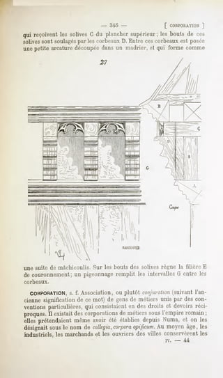 - 345 -                [ CORPORATION
                                                                ]
qui reçoiventles solivesG du planchersupérieur; les bouts de ces
solivessont soulagéspar les corbeaux D. Entre ces corbeaux est posée
unepetite arcaturedécoupéedans un madrier, et qui forme comme
                             27




une suite de mâchicoulis. Sur les bouts des solives règne la filière E
de couronnement ; un pigeonnage remplit les intervalles G entre les
corbeaux.

  CORPORATION,f. Association, ou plutôt conjuration(suivant l'an-
            s.
cienne significationde ce mot) de gensde métiers unis par des con-
ventionsparticulières,qui consistaienten des droits et devoirs réci-
proques. existaitdescorporations métierssous
       Il                      de          l'empireromain;
elles prétendaient même avoir été établies depuis Numa, et on les
désignaitsousle nom de collegia,
                               corpora opifîcum. moyen âge, les
                                               Au
industriels, les marchands et les ouvriers des villes conservèrent les
                                                     iv.   -   44
 