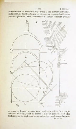 [ COUPOLE]
démesurémentles pendentifs, ou pour ne pas leur donner une trop forte
inclinaison, ils firent participer les claveaux de ces arcs-doubleauxau
premier sphéroïde. Puis, embarrassés savoir comment arranger
                                   de




les sommiers des deux arcs-doubleaux sur l'angle saillant de la pile, ils
voulurent les dégager l'un de l'autre le plus lût possible; ù cet effet,
ils abaissèrent   les centres de ces arcs-doubleaux   au-dessous du niveau
                                                         rv.   -   4o
 