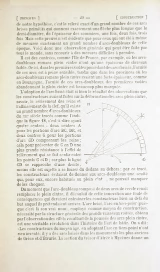 [ PHIM.IIKS ]                      J'.l -             [ GON'STIll ]
                                                               l.TION
de notre hypothèse,c'est le relevé exact d'un grand nombre de ces an -
brises primiLls qui donnent exactementuneflèche plus longue que le
demi-diamètre, de l'épaisseur des sommiers, une fois, deux fois, trois
fois .Maiscelle preuve n'est évidente que pour ceux qui ont été a même
de mesurer      exactement           un grand     nombre    d'arcs-doubleaux      de celte
époque. Voici donc une observation générale qui peut être faite par
tout le monde, sans recourir à des mesures difficiles à prendre.
   Il est des contrées, comme l'Ile-de-France, par exemple, oii les arcs-
douldeaux romans plein cintre n'ont qu'une épaisseur de claveaux
faible. <>rici, dansles premières voûtespossédantdépare-,brisés, l'acuité
de ces arcs est a peine sensible, tandis que dans les provinces on les
arcs-doubleauxromans plein cinlre avaient une forte épaisseur, comme
en Bourgogne, l'acuité de ces arcs-doubleaux îles premières voûtes
abandonnant le plein cintre est beaucoup plus marquée.
  L'adoptiondel'arc briséétait si bien le résultatdesobservations
                                                                que
les constructeurs avaientfaites sur la déformation des arcs plein cintre.
savoir, le relèvement         des reins et
                                                    18
l'affaissement de la clef, qu'il existe
un grand nombre d'arcs-doubleaux
du ue siècle   tracés     comme        l'indi-
que la figure 18, c'est-à-dire ayant
quatre centres : deux centres A
pour les portions d'arc BC, DE, et
deux centres G pour les portions
d'arc CD comprenant             les reins ;
cela pour présenter de G en D une
plus grande résistance à l'effet de
relèvement qui se fait sentir entre
les points G etD ; car plus la ligne
GD se rapproche d'une droite,
moins elle est sujette à se briser du dedans au dehors : par ce trace,
les constructeurs        évitaient     de donner     aux arcs-doubleaux         une   acuité
qui, pour eux, encore habitués au plein c;nt , ne pouvait manquer
de les choquer.
  Du moment que l'arc-doubleau composéde deux arcs de cercle venait
remplacer le plein cintre, il découlait de celle innovation une foule de
conséquencesqui devaient entraîner les constructeurs bien au delà du
but auquel ils prétendaient arriver. L'arc brisé, l'arc i-ittn-v-/><>>nf
                                                                       puis-
que c'est la son vrai nom , employé comme moyen de construction,
nécessitépar la structure généraledes grands aisseaux ouïes, obtenu
par l'observâtion des elleI s résultant de la pousséedes arcs plein cintre,
est une véritable    révolution         dans l'histoire    de l'art de bâtir.    (.In a dit :
" Les constructeurs du moyen âge, en adoptant l'arc en tiers-point n'ont
rien inventé; il y a des arcs brises dans les monuments les plus anciens
de Grèce et d'Etrurie. La seclion du Ire soi d'AIree a My ce nés donne un
 