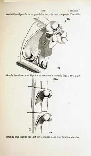 - 407 -                   [ CROCHET  J
crochets
       sont placésà unegrandehauteur,ils sont composésd'une tête




simple terminant une tige à une seulecôte centrale(fig. 7 ter). Il est




entendu que chaque crochet est compris dans une hauteur d'assise.
 