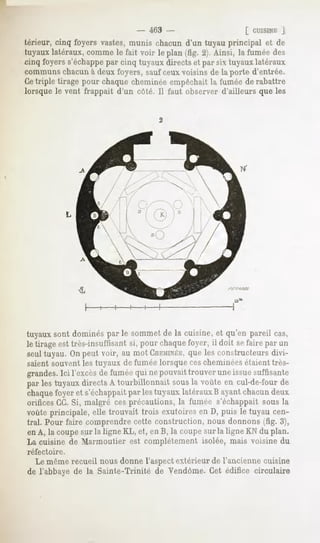 " 463 -                      [ CUISINE
                                                                      ]
térieur, cinq foyers vastes,munis chacund'un tuyau principal et de
tuyauxlatéraux,commele fait voir le plan (fig. 2). Ainsi, la fuméedes
cinq foyers s'échappe cinq tuyauxdirectset parsix tuyauxlatéraux
                      par
communs chacun à deux foyers, sauf ceux voisins de la porte d'entrée.
Cetriple tirage pour chaquecheminéeempêchait fuméede rabattre
                                           la
lorsque le vent frappait d'un côté. 11faut observer d'ailleurs que les




tuyauxsont dominéspar le sommetde la cuisine, et qu'en pareil cas,
le tirage est très-insuffisant pour chaque
                             si,          foyer, il doit sefaire par un
seul tuyau. On peut voir, au mot CHEMINÉE, les constructeurs divi-
                                          que
saient souvent les tuyaux de fumée lorsque cescheminéesétaient très-
grandes. l'excèsde fuméequi nepouvaittrouver uneissuesuffisante
          Ici
par les tuyauxdirects A tourbillonnait sousla voûte en cul-de-fourde
chaque  foyeret s'échappait lestuyaux latérauxB ayantchacundeux
                           par
orifices GG.Si, malgré ces précautions, la fumée s'échappait sous la
voûteprincipale,elle trouvait trois exutoiresen D, puis le tuyau cen-
tral. Pour faire comprendre cette construction, nous donnons (fig. 3),
en A, la coupe sur la ligne KL, et, en B, la coupe sur la ligne KN du plan.
La cuisine de Marmoutier est complètement isolée, mais voisine du
réfectoire.
   Le même recueil nous donne l'aspect extérieur de l'ancienne cuisine
de l'abbayede la Sainte-Trinité de Vendôme.Cet édifice circulaire
 