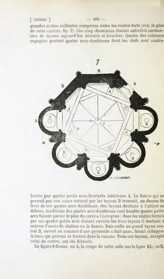 [ CUISINE ]                       468 -
grandes niches saillantes comprises entre les contre-forts (voy.Je plan
de cette cuisine, fig. 7). Cescinq cheminées étaient autrefois surmon-
tées de tuyaux aujourd'hui détruits et bouchés. Quatre des colonnes
engagéesportent quatre arcs-doubleaux dont les clefs sont contre-




butées par quatre petits arcs-boutants intérieurs A. La fumée qui ne
prenait pas son cours naturel par les tuyaux B trouvait, au-dessusde
trois de ces quatre arcs-doubleaux, des tuyaux.destinés à l'attirer au
dehors.Au-dessus quatrearcs-doubleaux bandés
               des                  sont   quatrepetits
arcsfaisant passerle plan du carré à l'octogone ; dans les anglesformés
par ces quatre petits arcs étaient ouverts les trois tuyaux G destinésà
enlever l'excès de chaleur ou la fumée. Puis enfin un grand tuyau cen-
tral D, ouvert au sommet d'une pyramide à huit pans, faisait échappe
la buéequi pouvaitse former dansla cuisine.Touscestuyaux, except
celui du centre, ont été détruits.
  La figureSdonne,en A,la coupede cette sallesur la ligne KL; enB,
 