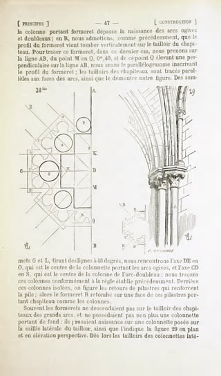 [ PRINCIPES
        ]                                47-                 L WXNSTHL'CTIOÏ»
                                                                      ]
la colonneportantformeretdépasse naissance arcs ogies
                               la        des
et doubleaux; en R, nous admettons,rumine précédemment, le
                                                     que
profil du formeret
                 vient tombern lu'alenient le tailloir du chapi-
                                          sur
teau. Pourtracer   ce formeret,       dans ce dernier   cas, nous prenons sur
la ligne AB, du point M en Q, Om,40, de cepoint Q élevantune per-
                                  et
pendiculaire la ligneAB, nousavons parallélogramme
           sur                    le             inscrivant
le profil du formeret ; les tailloirs deschapiteaux,
                                                   sont tracésparal-
lèles aux faces des arcs, ainsi que le démontre notre figure. Des som-
       28




                                  H



mets fï et L, tirant deslignes à45 degrés, nousrencontrons l'axe DE en
0, qui est le centre de la colonnelle portant les arcs ogives, et l'axe CD
en S, qui est le centre de la colonne de I arc-doiibleaii ; nous traçons
cescolonnes conformément a la règle établie précédemment. Derrière
ces colonnesisolées,on figure le>,retours de pilastresqui renforcent
la pile ; alors le formeret li retombe sur une face de cespilastres por-
tant chapiteau comme les colonnes.
  Souvent formerets ne descendaient sur le tailloir deschapi-
             les                              pas
teauxdes grandsarcs,et ne possédaient non plusune colonnelte
                                              pas
portant de fond : ils j reliaient naissance unecolonnetteposéesur
                                              sur
la saillie latérale du tailloir, ainsi que l'indique la figure 29 en plan
et en élévation perspective. Dès lors les tailloirs des colonnettes laté-
 