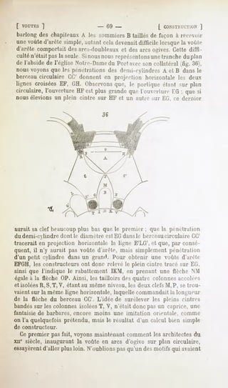 [ VOUTES
      ]                          - 69 -                   [ CUNSII.rCTION
                                                                      ]
barlong des chapiteaux A le-, sommiers B taillés de façon a receoir
unevoûted'arête simple,aillant celadevenait difficile lorsquela vonle
d'arête comportaitdesarcs-doubleaux des arcsogives.Cette diffi-
                                       et
culté n'était pasla seule Si nousnousreprésentons tranchedu plan
                                                  une
de l'absidede l'église Nnlre-DameduPort avecsoncollatéral(fig. 36),
nous voyons que les pénétrations des demi-cylindres A et B dans le
berceau circulaire CC' donnent en projection horizontale les deux
lignes croisées EF, GII. Observons   que, le portique étant sur plan
circulaire, l'ouverture HFest plus grandeque l'ou ei-lun-KG; que si
nous élevions un plein cintre sur HF et un antre sur KG, ce dernier




                                                1   y


aurait sa clef beaucoupplus bas que le premier ; que la pénétration
du demi-cylindre dont le diamètre est EGdansle berceaucirculaire CC'
tracerait en projection horizontale la ligne E'LG', et que, par consé-
quent, il n'y aurait pas voûte d'arête, mais simplement pénétration
d'un petit cylindre dans un grand. Pour obtenir une voûte d'arête
EFGH, les constructeurs ont donc relevé le plein cintre tracé sur EG,
ainsi que l'indique le rabattement IKM, en prenant une flèche NM
égale à la flèche OP. Ainsi, les tailloirs des quatre colonnes accolée-,
et isolées R,S,T, V, étant au même niveau, les deux clefs M,P, se trou-
vaient sur la même ligne horizontale, laquelle commandait la longueur
de la tlèche du berceau CC'. L'idée de surélever les pleins cintres
bandéssur les colonnes isolées T, V, n'était donc pas un caprice, une
fantaisie de barbares, encore   moins   une imitation   orientale,   comme
on l'a quelquefois prétendu, mais le résultat d'un calcul bien simple
de constructeur.
  Ce premier pas fait, voyons maintenant comment les architectes du
xne siècle, inaugurant la voûte en arcs d'ogive sur plan circulaire,
essayèrent d'aller plus loin. N'oublions pas qu'un des motifs qui avaient
 