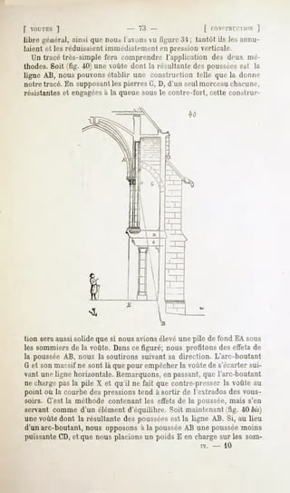 [ VOUTES   ]                       ""'{ -              (
libre général, ainsi que nous l'axons u ligure Ui ; tantôt ils les annu-
laient et les réduisaient immédiatemenl ni pression verticale.
   Un tracé très-simple fera comprendre l'application des deux mé-
thodes. Soit (fiy. 40) une voûte dont la résultante des pousséesest la
ligne AB, nous pouvons établir une construction telle que la donne
notre tracé. En supposantles pierres G, D, d'un seul morceau diannic,
résistantes et engagées à la queue sous le contre-fort, cette conslmr-




tion sera aussi solide que si nous avions élevé une pile de fond EA sous
les sommiers de la voûte. Dansce figuré; nous profitons des effets de
la poussée AB, nous la soutirons suivant sa direction. L'arc-boutant
G et son massif ne sont là que pour empêcher la voûte de s'écarter sui-
vant une ligne horizontale. Remarquons, en passant, que l'arc-boutant
ne charge pas la pile X et qu'il ne fait que contre-presser la voûte au
point où la courbe des pressions tend à sortir de l'extrados des vous-
soirs. C'est la méthode contenant les effets de la poussée, mais s'en
servant comme d'un élément d'équilibre. Soit maintenant (fig. 40 bis)
une voûte dont la résultante des pousséesest la ligne AB. Si, au lieu
d'un arc-boutant, nous opposons à la poussée AB une pousséemoins
puissante CD, et que nous placions un poids E en charge sur les som-
                                                      iv.   -   10
 