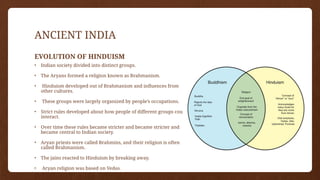ANCIENT INDIA
EVOLUTION OF HINDUISM
• Indian society divided into distinct groups.
• The Aryans formed a religion known as Brahmanism.
• Hinduism developed out of Brahmanism and influences from
other cultures.
• These groups were largely organized by people’s occupations.
• Strict rules developed about how people of different groups could
interact.
• Over time these rules became stricter and became stricter and
became central to Indian society.
• Aryan priests were called Brahmins, and their religion is often
called Brahmanism.
• The jains reacted to Hinduism by breaking away.
• Aryan religion was based on Vedas.
 