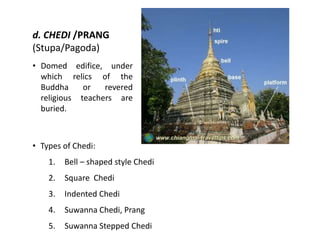 d. CHEDI /PRANG
(Stupa/Pagoda)
• Domed edifice, under
which relics of the
Buddha
or
revered
religious teachers are
buried.

• Types of Chedi:
1.

Bell – shaped style Chedi

2.

Square Chedi

3.

Indented Chedi

4.

Suwanna Chedi, Prang

5.

Suwanna Stepped Chedi

 