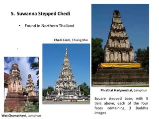 5. Suwanna Stepped Chedi
• Found in Northern Thailand
Chedi Liem, Chiang Mai

.

http://www.thailandbuddy.com/travel/province/LamphunProvince.html

Phrathat Haripunchai, Lamphun

•

Wat Chamathevi, Lamphun

Square stepped base, with 5
tiers above, each of the four
faces containing 3 Buddha
images

 