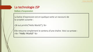 La balise d'expression est en quelque sorte un raccourci de
la scriptlet suivante :
<% out.println("Hello World!"); %>
Elle retourne simplement le contenu d'une chaîne. Voici sa syntaxe :
<%= "Hello World!" %>
Cours Java JEE
La technologie JSP
Balises d'expression
 