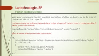 Voici pour commencer l'action standard permettant d'utiliser un bean, ou de le créer s'il
n'existe pas, depuis une page JSP :
L'action suivante récupère un bean de type auteur et nommé "auteur" dans la portée requête s'il
existe, ou en crée un sinon.
<jsp:useBean id= "auteur" class="ma.ecole.beans.Auteur" scope="request" />
Elle a le même effet que le code Java suivant :
<%
ma.ecole.beans.Auteur auteur = (ma.ecole.beans.Auteur) request.getAttribute("auteur" );
if ( auteur == null )
{
auteur = new ma.ecole.beans.Auteur();
request.setAttribute( "auteur ", auteur );
}
%>
Cours Java JEE
La technologie JSP
L'action standard useBean
 