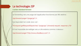 Le forwarding vers une page de l'application fonctionne par URL relative :
<jsp:forward page="/page.jsp" />
Son équivalent en code Java est :
<% request.getRequestDispatcher( "/page.jsp" ).forward( request, response ); %>
Et il est impossible de rediriger vers un site externe comme ci-dessous :
<jsp:forward page="http://www.siteailleurs.com" />
Cours Java JEE
La technologie JSP
L'action standard forward
 
