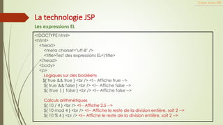 <!DOCTYPE html>
<html>
<head>
<meta charset="utf-8" />
<title>Test des expressions EL</title>
</head>
<body>
<p>
Logiques sur des booléens
${ true && true } <br /> <!-- Affiche true -->
${ true && false } <br /> <!-- Affiche false -->
${ !true || false } <br /> <!-- Affiche false -->
Calculs arithmétiques
${ 10 / 4 } <br /> <!-- Affiche 2.5 -->
${ 10 mod 4 } <br /> <!-- Affiche le reste de la division entière, soit 2 -->
${ 10 % 4 } <br /> <!-- Affiche le reste de la division entière, soit 2 -->
Cours Java JEE
La technologie JSP
Les expressions EL
 