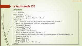 <!DOCTYPE html>
<html> <head>
<meta charset="utf-8" />
<title>Test des expressions EL</title> </head>
<body> <p>
<% /* Création d'une liste de légumes et insertion de quatre éléments */
java.util.List<String> legumes = new java.util.ArrayList<String>();
legumes.add( "poireau" );
legumes.add( "haricot" );
legumes.add( "carotte");
legumes.add( "pomme de terre" );
request.setAttribute( "legumes" , legumes ); %>
<!-- Les quatre syntaxes suivantes retournent le deuxième élément de la liste de légumes -->
${ legumes.get(1) }<br />
${ legumes[1] }<br />
${ legumes['1'] }<br />
${ legumes["1"] }<br /> </p> </body>
</html>
Cours Java JEE
La technologie JSP
Collections
 
