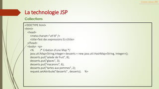 <!DOCTYPE html>
<html>
<head>
<meta charset="utf-8" />
<title>Test des expressions EL</title>
</head>
<body> <p>
<% /* Création d'une Map */
java.util.Map<String,Integer> desserts = new java.util.HashMap<String, Integer>();
desserts.put("salade de fruit", 8);
desserts.put("glaces", 3);
desserts.put("macarons", 6);
desserts.put("tartes aux pommes", 2);
request.setAttribute("desserts" , desserts); %>
Cours Java JEE
La technologie JSP
Collections
 
