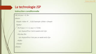 <%! int jour = 3; %>
<html>
<head> <title> IF ... ELSE Exemple </title> </head>
<body>
<% if (jour == 1 || jour == 7) {%>
<p> Aujourd'hui c'est le week-end </p>
<%} else {%>
<p> Aujourd'hui n'est pas un week-end </p>
<%}%>
</body>
</html>
Cours Java JEE
La technologie JSP
Instruction conditionnelle
 