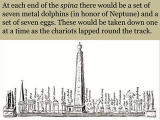 At each end of the spina there would be a set of seven metal dolphins (in honor of Neptune) and a set of seven eggs. These would be taken down one at a time as the chariots lapped round the track.